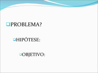 PROBLEMA? HIPÓTESE: OBJETIVO: 