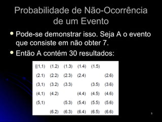 Probabilidade de Não-Ocorrência
           de um Evento
 Pode-se demonstrar isso. Seja A o evento
  que consiste em não obter 7.
 Então A contém 30 resultados:




                                             5
 