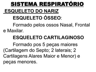 SISTEMA RESPIRATÓRIO
ESQUELETO DO NARIZ
ESQUELETO ÓSSEO:
Formado pelos ossos Nasal, Frontal
e Maxilar.
ESQUELETO CARTILAGINOSO
Formado pos 5 peças maiores
(Cartilagem do Septo; 2 laterais; 2
Cartilagens Alares Maior e Menor) e
peças menores.
 