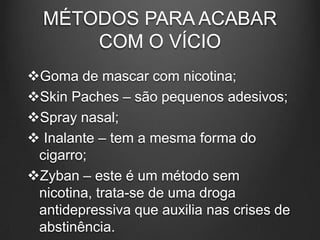 MÉTODOS PARA ACABAR
COM O VÍCIO
Goma de mascar com nicotina;
Skin Paches – são pequenos adesivos;
Spray nasal;
 Inalante – tem a mesma forma do
cigarro;
Zyban – este é um método sem
nicotina, trata-se de uma droga
antidepressiva que auxilia nas crises de
abstinência.
 