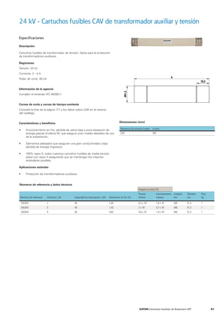 24 kV - Cartuchos fusibles CAV de transformador auxiliar y tensión
Especificaciones
Descripción
Cartuchos fusibles de transformador de tensión. Aptos para la protección
de transformadores auxiliares.
Regímenes
Tensión: 24 kV
Corriente: 2 - 4 A
Poder de corte: 40 kA
Información de la agencia
Cumplen el estándar IEC 60282-1.
Curvas de corte y curvas de tiempo-corriente
Consulte la lista de la página 117 y los datos sobre USB en el reverso
del catálogo.
Características y beneﬁcios
• Funcionamiento en frío, pérdida de vatios baja y poca disipación de
energía gracias al efecto M, que asegura unos niveles elevados de uso
de la subestación.
• Elementos plateados que aseguran una gran conductividad y baja
pérdida de energía (ingresos).
• 100% rayos X, todos nuestros cartuchos fusibles de media tensión
pasan por rayos X asegurando que se mantengan los mayores
estándares posibles.
Aplicaciones estándar
• Protección de transformadores auxiliares.
Referencia de cartucho fusible A (mm)
CAV 340
Integral en julios (I2
t)
Números de referencia Corriente In
(A) Capacidad de interrupción I1
(kA) Resistencia en frío mΩ
Prearco
mínimo
Funcionamiento
máximo
Longitud
mm
Diámetro
mm
Peso
Kg
24CAV2 2 40 2,54 6,2 x 100
1,8 x 101
340 41,3 1
24CAV3 3 40 1,43 2 x 101
5,7 x 101
340 41,3 1
24CAV4 4 40 0,92 4,8 x 101
1,4 x 102
340 41,3 1
Números de referencia y datos técnicos
Dimensiones (mm)
51EATON Cartuchos fusibles de Bussmann MT
 