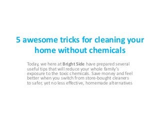 5 awesome tricks for cleaning your
home without chemicals
Today, we here at Bright Side have prepared several
useful tips that will reduce your whole family’s
exposure to the toxic chemicals. Save money and feel
better when you switch from store-bought cleaners
to safer, yet no less effective, homemade alternatives
 