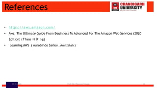 References
• https://aws.amazon.com/
• Aws: The Ultimate Guide From Beginners To Advanced For The Amazon Web Services (2020
Edition) (Theo H King)
• Learning AWS ( Aurobindo Sarkar , Amit Shah )
29-05-2024 Prof. (Dr.) Poonam Panwar 12
 