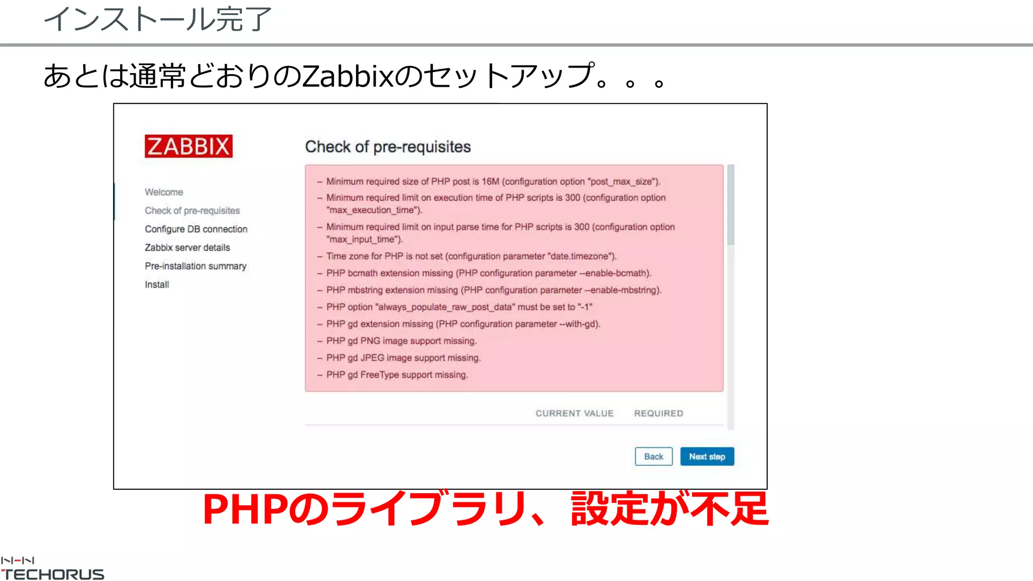 インストール完了
あとは通常どおりのZabbixのセットアップ。。。
PHPのライブラリ、設定が不足
 