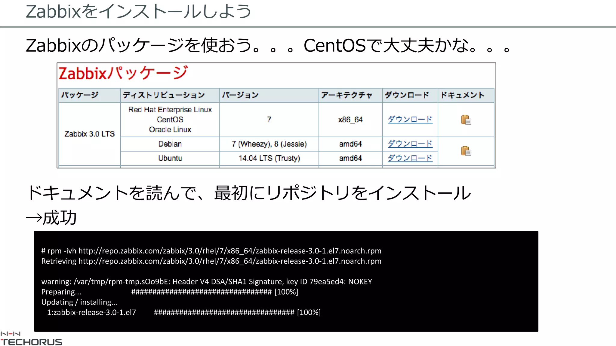 Zabbixをインストールしよう
Zabbixのパッケージを使おう。。。CentOSで大丈夫かな。。。
ドキュメントを読んで、最初にリポジトリをインストール
→成功
# rpm -ivh http://repo.zabbix.com/zabbix/3.0/rhel/7/x86_64/zabbix-release-3.0-1.el7.noarch.rpm
Retrieving http://repo.zabbix.com/zabbix/3.0/rhel/7/x86_64/zabbix-release-3.0-1.el7.noarch.rpm
warning: /var/tmp/rpm-tmp.sOo9bE: Header V4 DSA/SHA1 Signature, key ID 79ea5ed4: NOKEY
Preparing... ################################# [100%]
Updating / installing...
1:zabbix-release-3.0-1.el7 ################################# [100%]
 