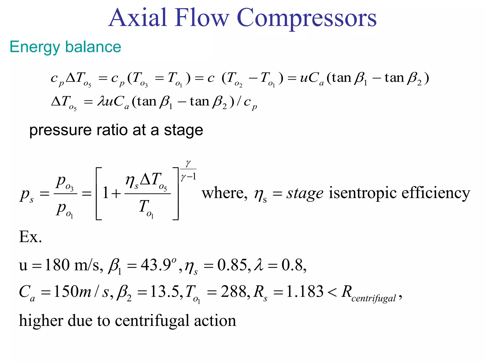 Axial Flow Compressors
Energy balance
pao
aoooopop
cuCT
uCTTcTTcTc
/)tan(tan
)tan(tan)()(
21
21
5
12135




pressure ratio at a stage
3 5
1 1
1
1
s
1
2
1 where, isentropic efficiency
Ex.
u 180 m/s, 43.9 , 0.85, 0.8,
150 / , 13.5, 288, 1.183 ,
higher due to centrifugal action
o s o
s
o o
o
s
a o s centrifugal
p T
p stage
p T
C m s T R R



  

 
    
  
   
    
 