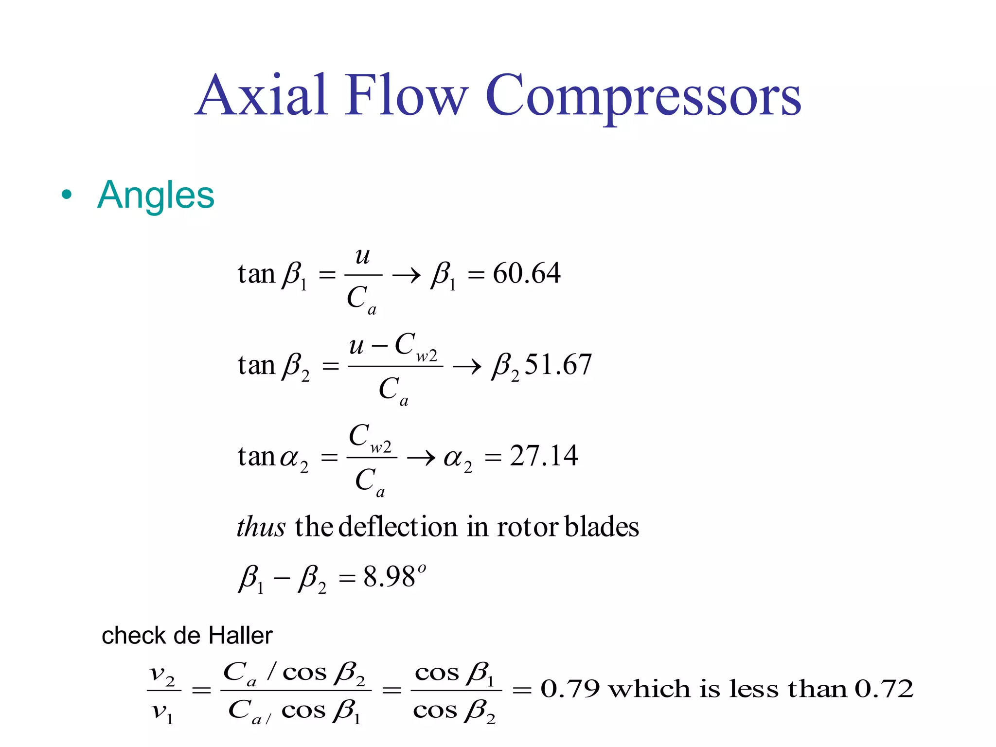 Axial Flow Compressors
• Angles
o
a
w
a
w
a
thus
C
C
C
Cu
C
u
98.8
bladesrotorindeflectionthe
14.27tan
67.51tan
64.60tan
21
2
2
2
2
2
2
11










check de Haller
0.72thanlessiswhich79.0
cos
cos
cos
cos/
2
1
1/
2
1
2





a
a
C
C
v
v
 