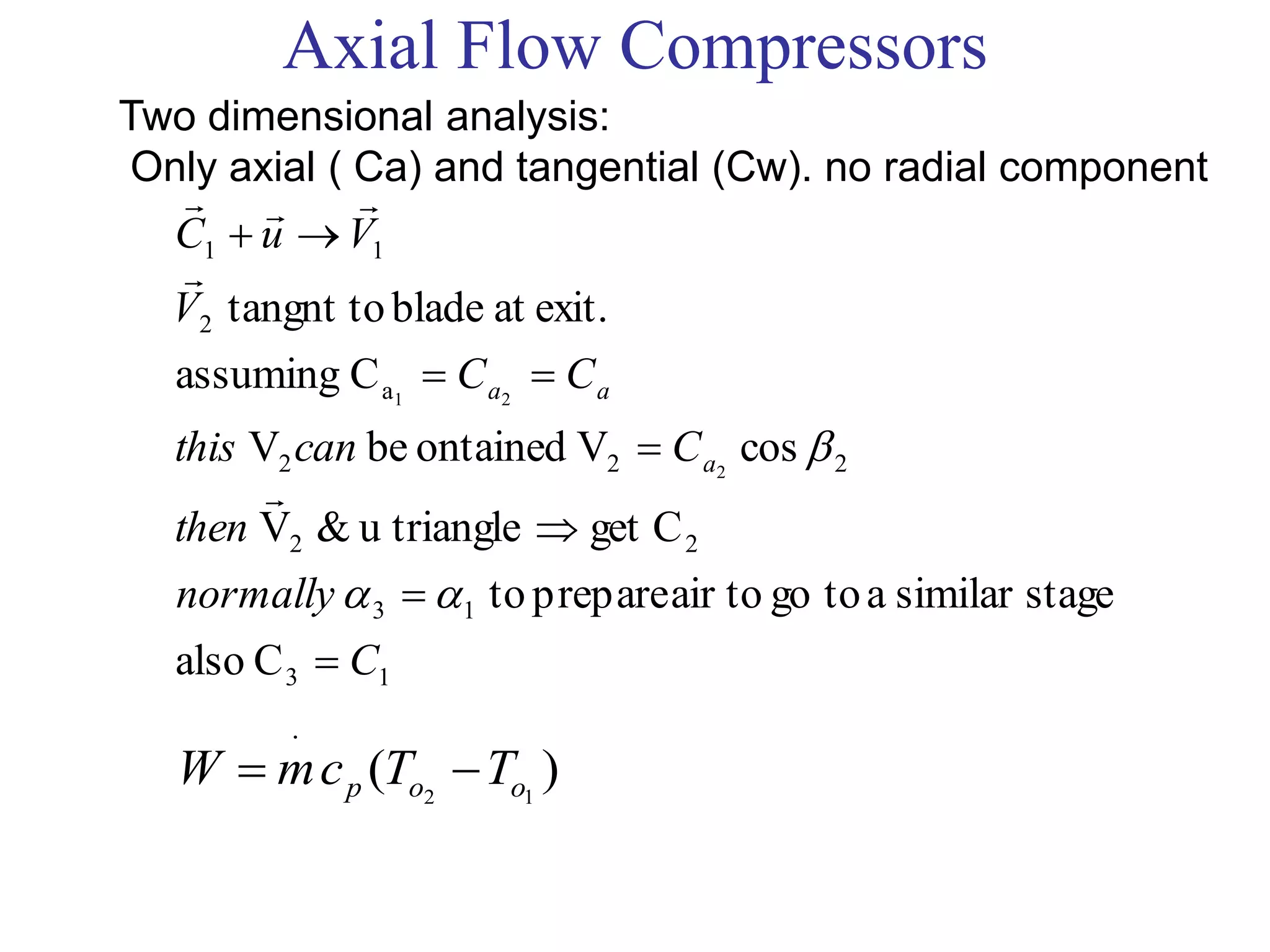 Axial Flow Compressors
Two dimensional analysis:
Only axial ( Ca) and tangential (Cw). no radial component
13
13
22
222
a
2
11
Calso
stagesimilaratogoair toprepareto
Cgetu triangle&V
cosVontainedbeV
Cassuming
exit.atbladetangnt to
2
21
C
normally
then
Ccanthis
CC
V
VuC
a
aa











)( 12
.
oop TTcmW 
 