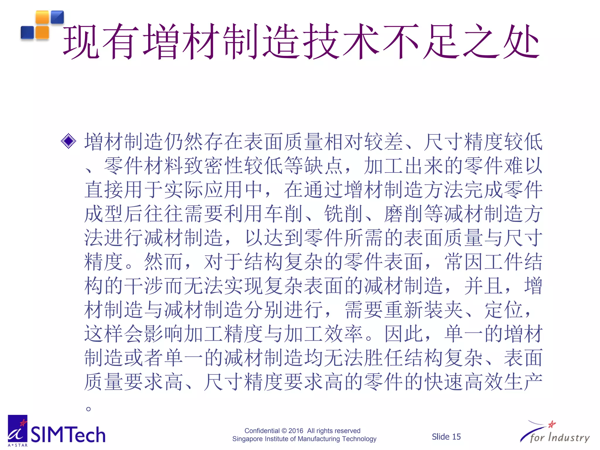 Confidential © 2016 All rights reserved
Singapore Institute of Manufacturing Technology Slide 15
现有増材制造技术不足之处
増材制造仍然存在表面质量相对较差、尺寸精度较低
、零件材料致密性较低等缺点，加工出来的零件难以
直接用于实际应用中，在通过增材制造方法完成零件
成型后往往需要利用车削、铣削、磨削等减材制造方
法进行减材制造，以达到零件所需的表面质量与尺寸
精度。然而，对于结构复杂的零件表面，常因工件结
构的干涉而无法实现复杂表面的减材制造，并且，增
材制造与减材制造分别进行，需要重新装夹、定位，
这样会影响加工精度与加工效率。因此，单一的増材
制造或者单一的减材制造均无法胜任结构复杂、表面
质量要求高、尺寸精度要求高的零件的快速高效生产
。
 