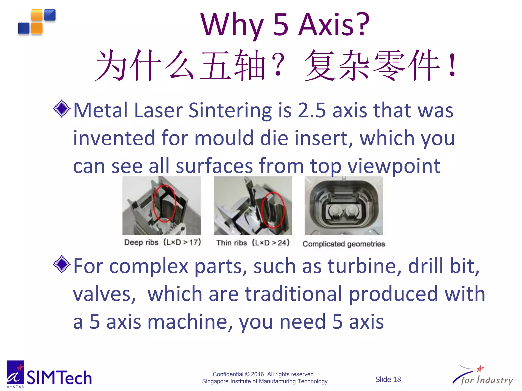 Confidential © 2016 All rights reserved
Singapore Institute of Manufacturing Technology Slide 18
Why 5 Axis?
为什么五轴？复杂零件！
Metal Laser Sintering is 2.5 axis that was
invented for mould die insert, which you
can see all surfaces from top viewpoint
For complex parts, such as turbine, drill bit,
valves, which are traditional produced with
a 5 axis machine, you need 5 axis
 