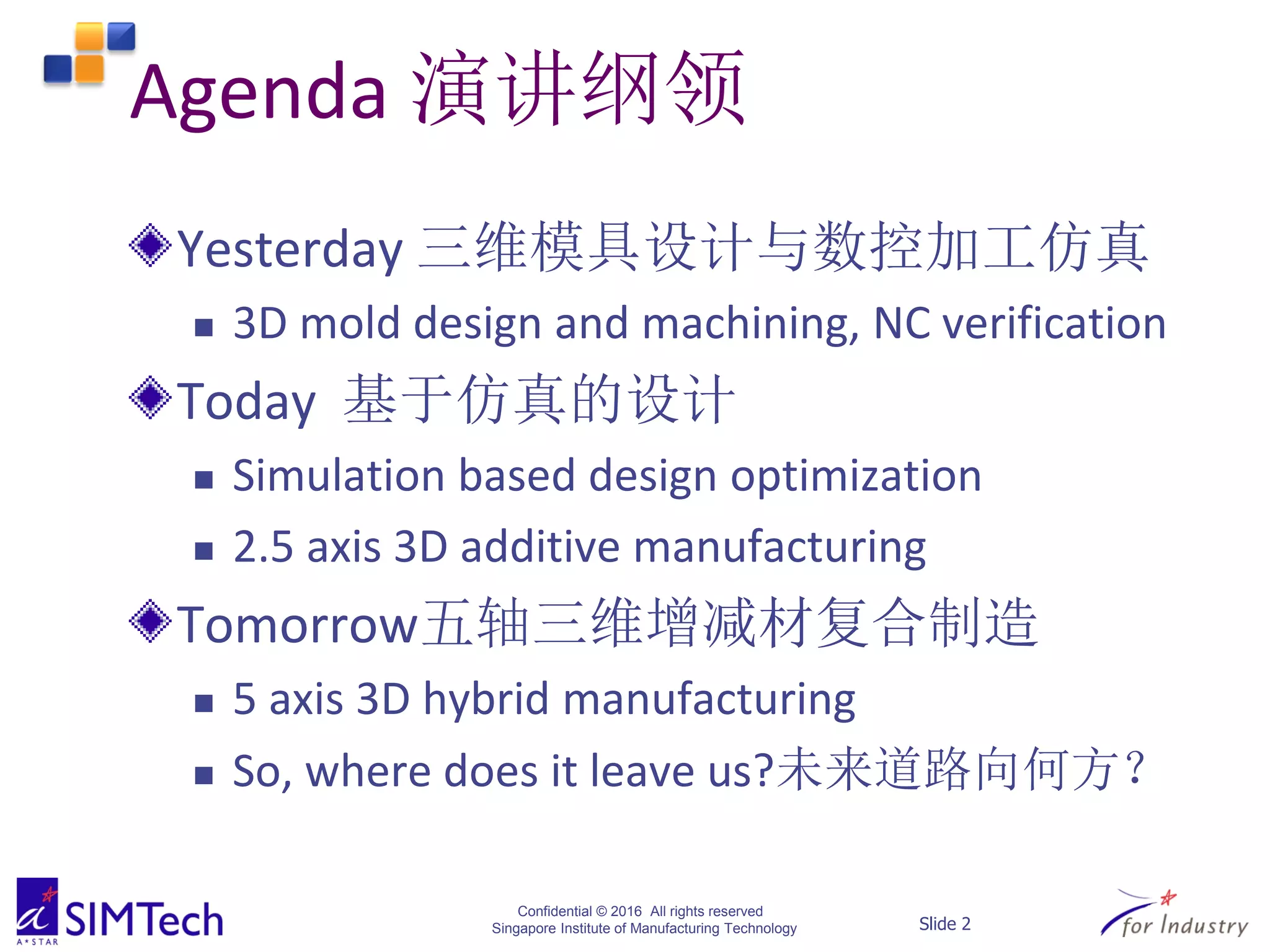Confidential © 2016 All rights reserved
Singapore Institute of Manufacturing Technology Slide 2
Agenda 演讲纲领
Yesterday 三维模具设计与数控加工仿真
 3D mold design and machining, NC verification
Today 基于仿真的设计
 Simulation based design optimization
 2.5 axis 3D additive manufacturing
Tomorrow五轴三维增减材复合制造
 5 axis 3D hybrid manufacturing
 So, where does it leave us?未来道路向何方？
 