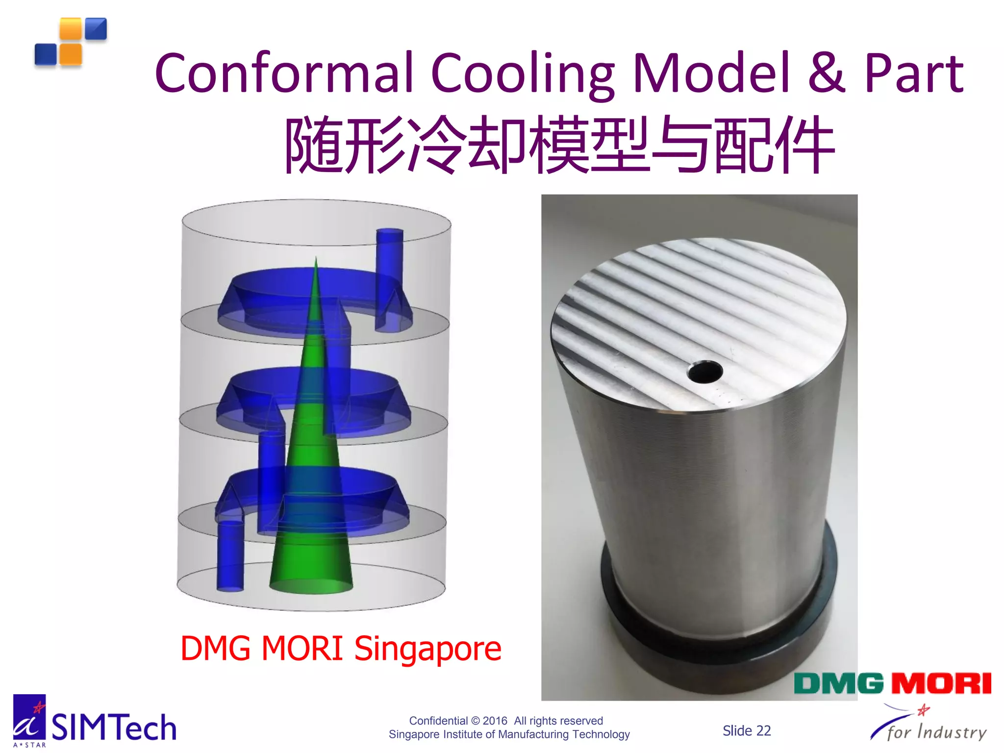 Confidential © 2016 All rights reserved
Singapore Institute of Manufacturing Technology Slide 22
Conformal Cooling Model & Part
随形冷却模型与配件
DMG MORI Singapore
 