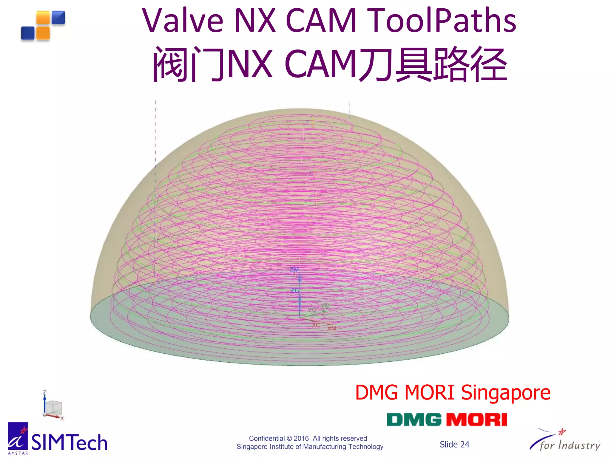 Confidential © 2016 All rights reserved
Singapore Institute of Manufacturing Technology Slide 24
Valve NX CAM ToolPaths
阀门NX CAM刀具路径
DMG MORI Singapore
 