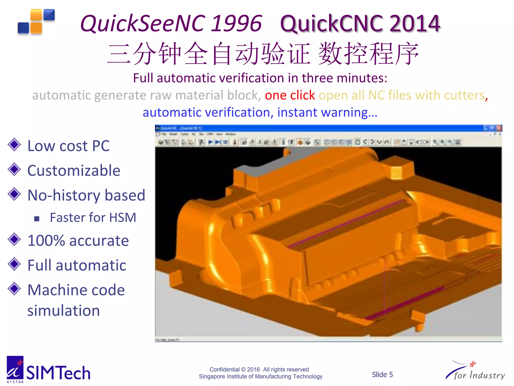 Confidential © 2016 All rights reserved
Singapore Institute of Manufacturing Technology Slide 5
QuickSeeNC 1996 QuickCNC 2014
三分钟全自动验证 数控程序
Full automatic verification in three minutes:
automatic generate raw material block, one click open all NC files with cutters,
automatic verification, instant warning…
Low cost PC
Customizable
No-history based
 Faster for HSM
100% accurate
Full automatic
Machine code
simulation
 