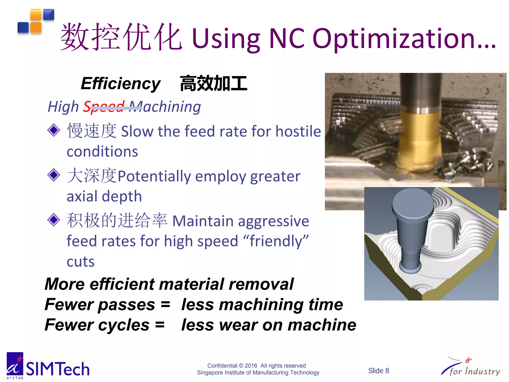 Confidential © 2016 All rights reserved
Singapore Institute of Manufacturing Technology Slide 8
数控优化 Using NC Optimization…
High Speed Machining
慢速度 Slow the feed rate for hostile
conditions
大深度Potentially employ greater
axial depth
积极的进给率 Maintain aggressive
feed rates for high speed “friendly”
cuts
More efficient material removal
Fewer passes = less machining time
Fewer cycles = less wear on machine
Efficiency 高效加工
 