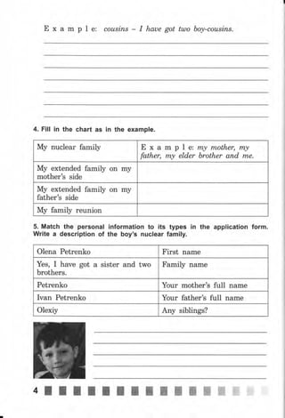 Ехаmрlе: соuliпs Ihauegotttpoboy-cousins.
4. Fill iп the chart as iп the ехаmрlе.
Му пuсlеаr family Е х а m р 1е: rпу mother, rпу
father, rп,у elder Ьrоthеr апd m,е.
Му extended family on my
mother's side
Му extended family on mу
father's side
Му family rеuпiоп
5. Match the personal
Write а description of
information to its
the boy's пчсlеаr
types in the application fоrm.
family.
olena petrenko First name
Yes, I have got а sister and two
brothers.
Family паmе
Petrenko Your mother's full паmе
Ivan petrenko Yоur father's full паmе
Olexiy Аrrу siblings?
4I I l l l t l l t l; t ш ffi ffi
 