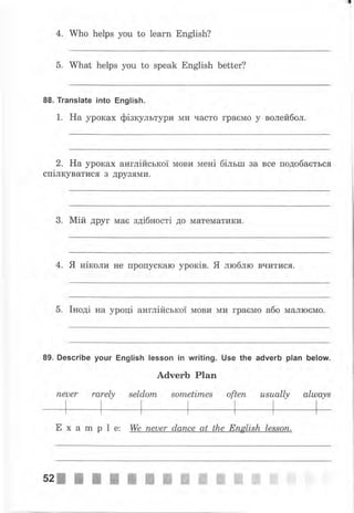 4. Who helps you to lеаrп English?
5. What helps you to speak English better?
88. Translate into English.
1. На уроках фiзкультури ми часто граGмо у волейбол.
2. На уроках англiйськоi мови MeHi бiльш ва все подобабться
спiлкуватися з друвями.
3. Мiй друг маб здiбностi до математики.
4. Я нiколи не пропускаю ypoKiB. Я люблю вчитися.
5. Iнодi на уроцi англiйськоi мови ми граемо або малюGмо.
89. Describe уочr English lesson iп writing. Use the adverb plan below.
Adverb Plan
пеuеr rarely seldom sametimes оftеп usuаllу аlша,уs
Е х а m р 1 е: We пеuеr dапсе at the Епglish lеssоп.
52ЖЖffiж"жж ffi ffi ffi ffi ffi ifi-" п-
 