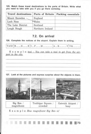 125. Match these
you need to take
trave! destinations
with уоч if уоч go
parts of Britain. Writе what
Someday.
to the
there
Travel destinations parts of Britain Packing essentials
Mount Snowdon  England
Loch Ness  'Wales
The Lake District Scotland
Lough Neagh Nоrthеrп Ireland
7.2, оп аrriчаl
126. Complete the notices at the airport. Explain them iп writing.
TAxI в G Е I_F_ м ART TR
Е х а m р l е: taxi - Yоu сап take а taxi to get frоrп the air-
port to the city.
127. Look at the pictures and ехрrеss surprise about the objects iп them.
Big Веп l I Trafalgar Square / | Gatwick Airport /
magnificentIcrowdedIbusy
Е х а m р 1 е: Нош rпаgпifiсепt Big Веп ls/
 