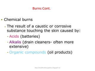 Burns Cont.
 Chemical burns
 The result of a caustic or corrosive
substance touching the skin caused by:
- Acids (batteries)
- Alkalis (drain cleaners- often more
extensive)
- Organic compounds (oil products)
http://healthsafetyupdates.blogspot.in/
 