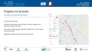 2023
Centro CONGRESSI
FIERA DEL LEVANTE - BARI
21 - 22 - 23 GIUGNO 2023
/2
Organizzazione Con il patrocinio di
Da un’idea di
Proge9o Iren & Kando
Create correc@onal plans
2. Chemistry industry
installed monitoring units and then involved a lawyer and
asked to remove the units
Iren team is still engaging with the industry to try and create a
correctional plan
Regulation bodies are involved in the process
 