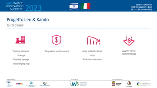 2023
Centro CONGRESSI
FIERA DEL LEVANTE - BARI
21 - 22 - 23 GIUGNO 2023
/2
Organizzazione Con il patrocinio di
Da un’idea di
Proge9o Iren & Kando
Outcomes
Regulation enforcement
Factory behavior
change
Polluted sewage
discharging stop
WWTP OPEX
DECREASED
Area pollution level
drop
Pollution reduction
 