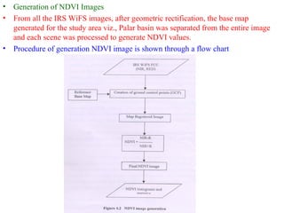 • Generation of NDVI Images
• From all the IRS WiFS images, after geometric rectification, the base map
generated for the study area viz., Palar basin was separated from the entire image
and each scene was processed to generate NDVI values.
• Procedure of generation NDVI image is shown through a flow chart
 