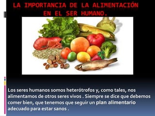 LA IMPORTANCIA DE LA ALIMENTACIÓN
EN EL SER HUMANO.

Los seres humanos somos heterótrofos y, como tales, nos
alimentamos de otros seres vivos . Siempre se dice que debemos
comer bien, que tenemos que seguir un plan alimentario
adecuado para estar sanos .

 