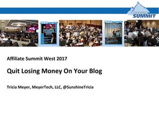 Affiliate Summit West 2017
Quit Losing Money On Your Blog
Tricia Meyer, MeyerTech, LLC, @SunshineTricia
 
