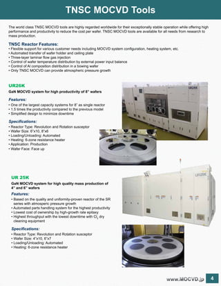 4www.MOCVD.jpwww.MOCVD.jp
TNSC MOCVD Tools
The world class TNSC MOCVD tools are highly regarded worldwide for their exceptionally stable operation while offering high
performance and productivity to reduce the cost per wafer. TNSC MOCVD tools are available for all needs from research to
mass production.
TNSC Reactor Features:
• Flexible support for various customer needs including MOCVD system configuration, heating system, etc.
• Automated transfer of wafer holder and ceiling plate
• Three-layer laminar flow gas injection
• Control of wafer temperature distribution by external power input balance
• Control of Al composition distribution in a bowing wafer
• Only TNSC MOCVD can provide atmospheric pressure growth
UR26K
GaN MOCVD system for high productivity of 8” wafers
Features:
• One of the largest capacity systems for 8” as single reactor
• 1.5 times the productivity compared to the previous model
• Simplified design to minimize downtime
Specifications:
• Reactor Type: Revolution and Rotation susceptor
• Wafer Size: 6”x10, 8”x6
• Loading/Unloading: Automated
• Heating: 6-zone resistance heater
• Application: Production
• Wafer Face: Face up
UR 25K
GaN MOCVD system for high quality mass production of
4” and 6” wafers
Features:
• Based on the quality and uniformity-proven reactor of the SR
series with atmosperic pressure growth
• Automated parts handling system for the highest productivity
• Lowest cost of ownership by high-growth rate epitaxy
• Highest throughput with the lowest downtime with Cl2
dry
cleaning equipment
Specifications:
• Reactor Type: Revolution and Rotation susceptor
• Wafer Size: 4”x10, 6”x7
• Loading/Unloading: Automated
• Heating: 6-zone resistance heater
 