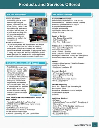 7www.MOCVD.jpwww.MOCVD.jp
Products and Services Offered
Site Gas Management
• When it comes to
maintaining your MOCVD
tool and specialty gas
system investment, no one
in the industry comes close
to providing the service and
support of MATHESON. We
provide a variety of service
agreements ranging from
semi-annual equipment
evaluations to total on-site
management.
• Some examples of our
	On-Site Management are: maintenance and service
of the MOCVD tool, gas and chemical inventory
management, analytical monitoring and sampling,
just-in-time delivery, optimization of point-of-use purity
of gases and chemicals, and disposal of all chemical
waste. Each service agreement is customized to your
schedule, equipment requirements and application.
Analytical Service and RD Support
Site Service Offerings
Equipment Maintenance:
• Maintenance and Service of MOCVD Tool
• Maintenance of Gas and Chemical Systems
• New Equipment Installation Support
• Spare Parts Management
• Purifier Maintenance
• Equipment History Reports
• Parts Stocking
Levels of Service:
• Gas Cylinder Change-Out
• Full Time / On-Site
• Part Time / On Demand
Process Gas and Chemical Services:
• Gas Cylinder Management
• Chemical Management
• Fab Chemical Deliveries
• Bulk Gas and Chemical System Support
• Emergency Response Team (ERT) Participation
• Real Time Chemical / Gas Error Checking
QA/QC:
• Incoming Materials or a Fab-Wide Program
• CofA Verification
• Equipment Installation QA
Inventory Control:
• JIT Inventory Management
• Incoming Material Handling
• Forecasting
• Bulk Gas and Chemical Support
• NFPA Categorization
Monthly Reporting:
• Gas and Chemical Use Trend Analysis
• Equipment Status
• Analytical Services and Failure Analysis
• Comparative Analysis
• Uptime
Additional Services:
• DI Water
• Industrial Waste Treatment (IWT) Operation and
Maintenance
• Point-of-Use (POU) Scrubber Maintenance
• Life Safety System (LSS) Support
• Joint Research Programs
• DHS Compliance
• NANOCHEM®
Service
• At MATHESON we are true
believers in the value of joint
development projects (JDP)
with our key electronics
customers. We have over
twenty active JDPs with many
of our strategic customers.
This type of collaboration
helps identify and address
key customer needs early on
to help improve and optimize
a customer’s product and
system performance while
improving time-to-market for
new products.
Advanced Technology
Center, Longmont, CO
Tsukuba Laboratory,
Japan
Other areas of MATHESON RD focus around the
world include:
• Revolutionary Bulk Delivery Technology
• MOCVD Uptime and Efficiency Improvements
• Wafer Cleaning
• Defect Reduction Techniques
• Point-of-Use and Bulk Gas Purification
• In-situ and Process Analysis
• Channel Engineering and Gate Development
 