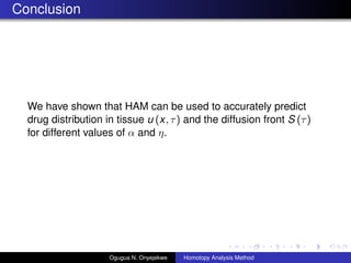Conclusion
We have shown that HAM can be used to accurately predict
drug distribution in tissue u (x, ) and the diffusion front S ()
for different values of  and .
Ogugua N. Onyejekwe Homotopy Analysis Method
 