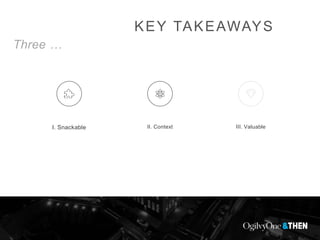 KEY TAKEAWAYS
Three …
I. Snackable II. Context III. Valuable
 