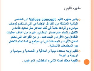 ‫القيم‬ ‫مفهوم‬
:

‫القيم‬ ‫مفهوم‬ ‫يشير‬
Values concept
‫العناصر‬ ‫الى‬
‫ل‬ ‫تستخدم‬ ‫التي‬ ‫االجتماعي‬ ‫التفاعل‬ ‫من‬ ‫...