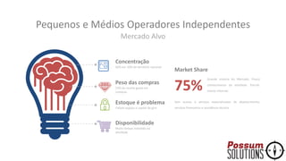 Mercado Alvo
Pequenos e Médios Operadores Independentes
Concentração
66% em 10% do território nacional
Peso das compras
53% da receita gasta em
compras
Estoque é problema
Faltam espaço e capital de giro
Disponibilidade
Muito tempo investido na
atividade
Sem acesso à serviços especializados de abastecimento,
serviços financeiros e assistência técnica.
Market Share
Grande maioria do Mercado. Pouco
conhecimento da atividade. Parcial-
mente informal.75%
 