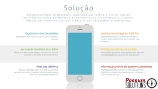 Solução
I n t e g r a ç ã o t o t a l d e p r o c e s s o s s u p o r t a d a p o r s o f t w a r e o n l i n e . E q u i p e
m o t i v a d a e m b u s c a p e r m a n e n t e d a e x c e l ê n c i a n o a t e n d i m e n t o a o c l i e n t e .
A d o ç ã o d a s m e l h o r e s p r á t i c a s e d e s a f i o a o s p a r a d i g m a s e s t a b e l e c i d o s
Janelas de entrega de 4:00 hrs
Conveniência para o cliente ao escolher o
horário mais conveniente para receber suas
entregas.
Picking simultâneo ao pedido
Informação disponível antecipadamente permite
racionalização dos recursos de distribuição.
Informação prévia de possíveis problemas
Acompanhamento durante as entregas permite
identificar atrasos antecipadamente e informar o
cliente antes do fato.
Captura on line de pedidos
Garantia de que haverá produto para atender o
pedido.
Aprovação imediata do crédito
Risco de crédito controlado; cobrança de atrasos
pessoal e simultânea ao atendimento.
Next day delivery
Tempo reduzido entre o pedido e a entrega
permite ao cliente trabalhar com estoques baixos
sem risco de desabastecimento.
 