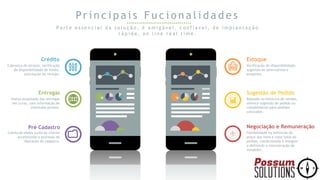 Pr i n c i p a i s F u c i o n a l i d a d e s
P a r t e e s s e n c i a l d a s o l u ç ã o , é a m i g á v e l , c o n f i a v e l , d e i m p l a n t a ç ã o
r á p i d a , o n l i n e r e a l t i m e .
Estoque
Verificação de disponibilidade,
sugestão de alternativas e
empenho.
Sugestão de Pedido
Baseada no histórico de vendas,
oferece sugestão de pedido ou
complemento para pedidos
colocados.
Negociação e Remuneração
Flexibilidade na definição do
preço dos itens e valor total do
pedido, condicionada à margem
e definindo a remuneração do
vendedor.
Crédito
Cobrança de atrasos, verificação
de disponibilidade de limite,
solicitação de revisão.
Entregas
Status atualizado das entregas
em curso, com informação de
eventuais atrasos.
Pré Cadastro
Coleta de dados junto ao cliente
accelerando o processo de
liberação de cadastro.
 