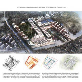 Qingdao Blue Sillicon Valley project is supposed to be the marine equivalent of
California Silicon Valley - hub for start ups, high tech corporations providing
highest quality laboratories,offices spaces,housing for employes and all the nec-
essary services.The concept design would try to make the newly developed area
getthefeelingofvariety,charachteristicforoldEuropeancities.Inspiredbysome
of the world most popular public spaces like Central Park or Piazza San Marco
inVenice and filled with number of different typology buildings the new master-
plan creates space that would be in high contrast o to Chinese developments.
2015 - Baumschlager Eberle hong kong - Blue Silicon Valley competition - Qingdao, China
 