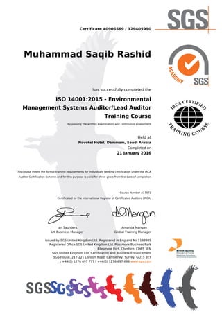 Saqib_Rashid ISO 14001.2015 Lead Auditor Certificate