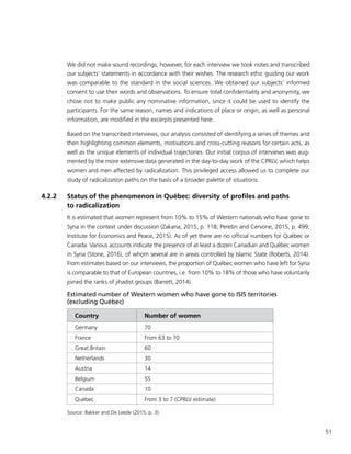 51
We did not make sound recordings; however, for each interview we took notes and transcribed
our subjects’ statements in accordance with their wishes. The research ethic guiding our work
was comparable to the standard in the social sciences. We obtained our subjects’ informed
consent to use their words and observations. To ensure total confidentiality and anonymity, we
chose not to make public any nominative information, since it could be used to identify the
participants. For the same reason, names and indications of place or origin, as well as personal
information, are modified in the excerpts presented here.
Based on the transcribed interviews, our analysis consisted of identifying a series of themes and
then highlighting common elements, motivations and cross-cutting reasons for certain acts, as
well as the unique elements of individual trajectories. Our initial corpus of interviews was aug-
mented by the more extensive data generated in the day-to-day work of the CPRLV, which helps
women and men affected by radicalization. This privileged access allowed us to complete our
study of radicalization paths on the basis of a broader palette of situations.
4.2.2	 Status of the phenomenon in Québec: diversity of profiles and paths
to radicalization
It is estimated that women represent from 10% to 15% of Western nationals who have gone to
Syria in the context under discussion (Zakaria, 2015, p. 118; Perešin and Cervone, 2015, p. 499;
Institute for Economics and Peace, 2015). As of yet there are no official numbers for Québec or
Canada. Various accounts indicate the presence of at least a dozen Canadian and Québec women
in Syria (Stone, 2016), of whom several are in areas controlled by Islamic State (Roberts, 2014).
From estimates based on our interviews, the proportion of Québec women who have left for Syria
is comparable to that of European countries, i.e. from 10% to 18% of those who have voluntarily
joined the ranks of jihadist groups (Barrett, 2014).
Estimated number of Western women who have gone to ISIS territories
(excluding Québec)
Country Number of women
Germany 70
France From 63 to 70
Great Britain 60
Netherlands 30
Austria 14
Belgium 55
Canada 10
Québec From 3 to 7 (CPRLV estimate)
Source: Bakker and De Leede (2015, p. 3).
 