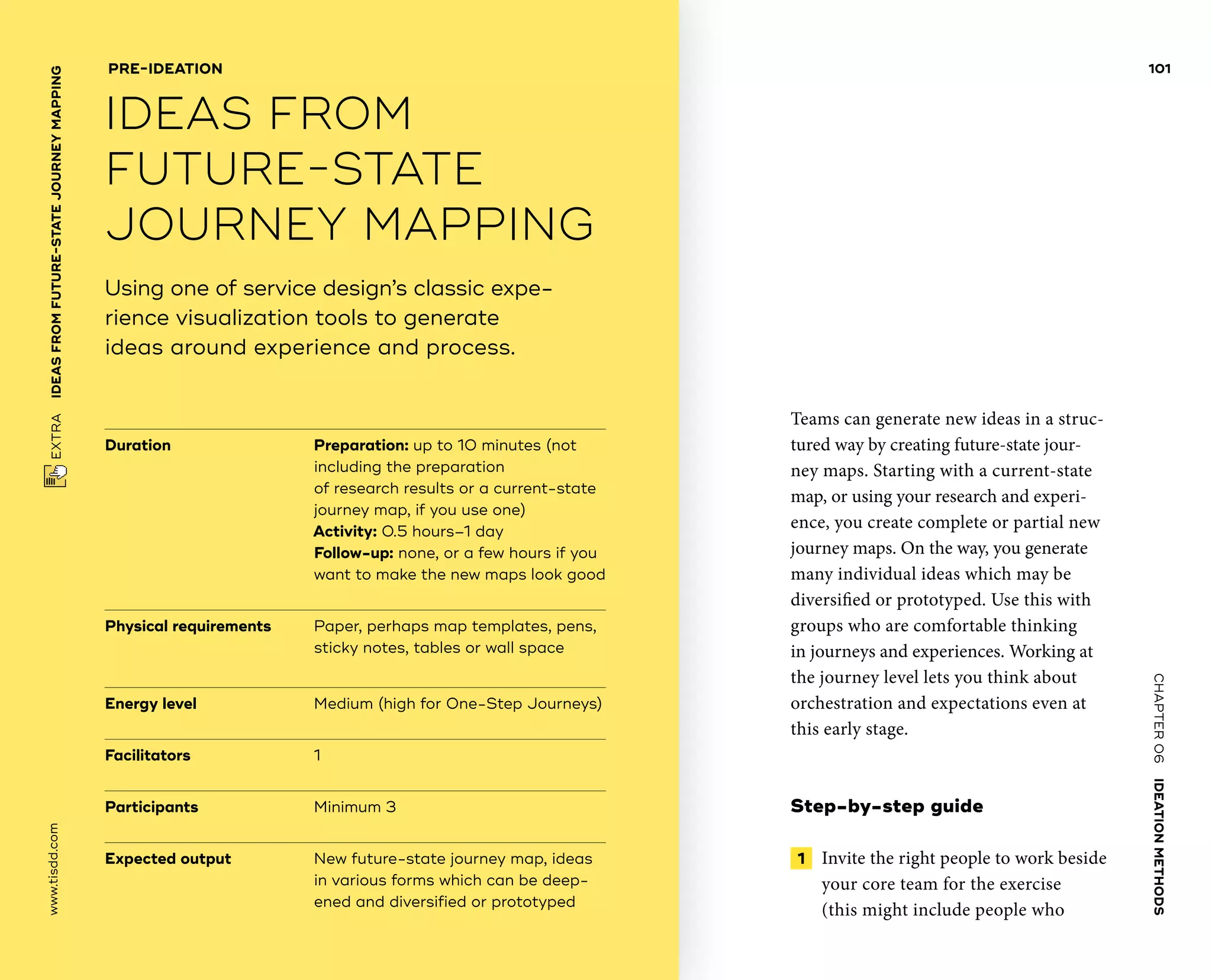CHAPTER06    IDEATIONMETHODS 
www.tisdd.com
101
 EXTRA    IDEASFROM­FUTURE-STATE­JOURNEYMAPPING 
Duration			Preparation: up to 10 minutes (not
including the preparation
of research results or a current-state
journey map, if you use one)
Activity: 0.5 hours–1 day
Follow-up: none, or a few hours if you
want to make the new maps look good
Physical requirements	Paper, perhaps map templates, pens,
sticky notes, ­tables or wall space
Energy level		 	 Medium (high for One-Step Journeys)
Facilitators			 1
Participants			 Minimum 3		
Expected output	New future-state journey map, ideas
in various forms which can be deep-
ened and diversified or prototyped
Using one of service design’s classic expe­
rience ­visualization tools to generate
ideas around experience and process.
PRE-IDEATION
IDEAS FROM
­FUTURE-STATE
­JOURNEY MAPPING
Teams can generate new ideas in a struc-
tured way by creating future-state jour-
ney maps. Starting with a current-state
map, or using your research and experi-
ence, you create complete or partial new
journey maps. On the way, you ­generate
many individual ideas which may be
diversified or prototyped. Use this with
groups who are comfortable thinking
in ­journeys and experiences. Working at
the ­journey level lets you think about
orchestration and expectations even at
this early stage.
Step-by-step guide
 1   Invite the right people to work beside
your core team for the exercise
(this might include people who ▶  
 