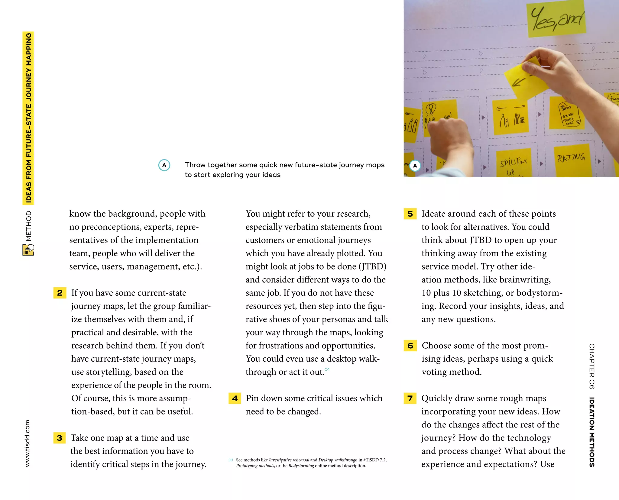 CHAPTER06    IDEATIONMETHODS 
www.tisdd.com
102
 METHOD    IDEASFROM­FUTURE-STATE­JOURNEYMAPPING 
know the background, people with
no preconceptions, experts, repre­
sentatives of the implementation
team, people who will deliver the
­service, users, management, etc.).
 2   If you have some current-state
­journey maps, let the group familiar-
ize ­themselves with them and, if
practical and ­desirable, with the
research behind them. If you don’t
have current-state journey maps,
use story­telling, based on the
­experience of the people in the room.
Of course, this is more assump-
tion-based, but it can be useful.
 3   Take one map at a time and use
the best ­information you have to
­identify ­critical steps in the journey.
You might ­refer to your research,
especially ­verbatim ­statements from
customers or ­emotional journeys
which you have already ­plotted. You
might look at jobs to be done (JTBD)
and consider different ways to do the
same job. If you do not have these
­resources yet, then step into the figu-
rative shoes of your personas and talk
your way through the maps, looking
for frustrations and ­opportunities.
You could even use a ­desktop walk-
through or act it out.01
 4   Pin down some critical issues which
need to be changed.
01	 See methods like Investigative rehearsal and Desktop walkthrough in #TiSDD 7.2,
­Prototyping methods, or the Bodystorming ­online method description.
 5   Ideate around each of these points
to look for alternatives. You could
think about JTBD to open up your
­thinking away from the existing
service model. Try other ide-
ation methods, like ­brainwriting,
10 plus 10 sketching, or bodystorm-
ing. Record your insights, ideas, and
any new questions.
 6   Choose some of the most prom-
ising ideas, perhaps using a quick
voting method.
 7   Quickly draw some rough maps
­incorporating your new ideas. How
do the changes affect the rest of the
­journey? How do the technology
and ­process change? What about the
experience and ­expectations? Use
A 	Throw together some quick new future-state journey maps
to start exploring your ideas
A
 