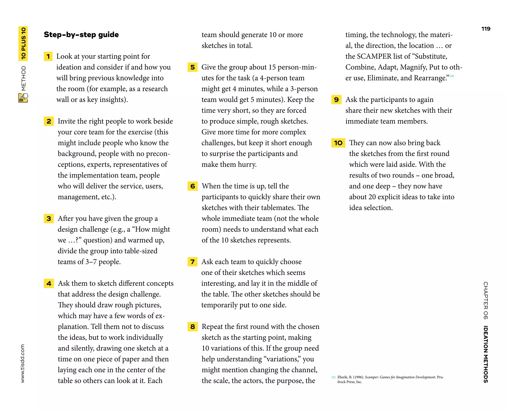 CHAPTER06    IDEATIONMETHODS 
 METHOD    10PLUS10 www.tisdd.com
119
Step-by-step guide
 1   Look at your starting point for
­ideation and consider if and how you
will bring previous knowledge into
the room (for example, as a research
wall or as key insights).
 2   Invite the right people to work beside
your core team for the exercise (this
might include people who know the
background, people with no precon-
ceptions, experts, representatives of
the implementation team, people
who will deliver the service, users,
management, etc.).
 3   After you have given the group a
design challenge (e.g., a “How might
we …?” question) and warmed up,
divide the group into table-sized
teams of 3–7 people.
 4   Ask them to sketch different concepts
that address the design challenge.
They should draw rough pictures,
which may have a few words of ex-
planation. Tell them not to discuss
the ideas, but to work individually
and silently, drawing one sketch at a
time on one piece of paper and then
laying each one in the center of the
table so others can look at it. Each
team should generate 10 or more
sketches in total.
 5   Give the group about 15 person-min-
utes for the task (a 4-person team
might get 4 minutes, while a 3-person
team would get 5 minutes). Keep the
time very short, so they are forced
to produce simple, rough sketches.
Give more time for more complex
challenges, but keep it short enough
to surprise the participants and
make them hurry.
 6   When the time is up, tell the
­participants to quickly share their own
­sketches with their tablemates. The
whole ­immediate team (not the whole
room) needs to understand what each
of the 10 sketches represents.
 7   Ask each team to quickly choose
one of their sketches which seems
­interesting, and lay it in the middle of
the table. The other sketches should be
temporarily put to one side.
 8   Repeat the first round with the ­chosen
sketch as the starting point, making
10 variations of this. If the group need
help understanding “variations,” you
might mention changing the channel,
the scale, the actors, the purpose, the
timing, the technology, the materi-
al, the ­direction, the location … or
the SCAMPER list of “Substitute,
Combine, Adapt, Magnify, Put to oth-
er use, Eliminate, and Rearrange.”02
 9   Ask the participants to again
share their new sketches with their
­immediate team members.
 10   They can now also bring back
the ­sketches from the first round
which were laid aside. With the
results of two rounds – one broad,
and one deep – they now have
about 20 explicit ideas to take into
idea selection. ▶  
02	 Eberle, B. (1996). Scamper: Games for Imagination Development. Pru-
frock Press, Inc.
 