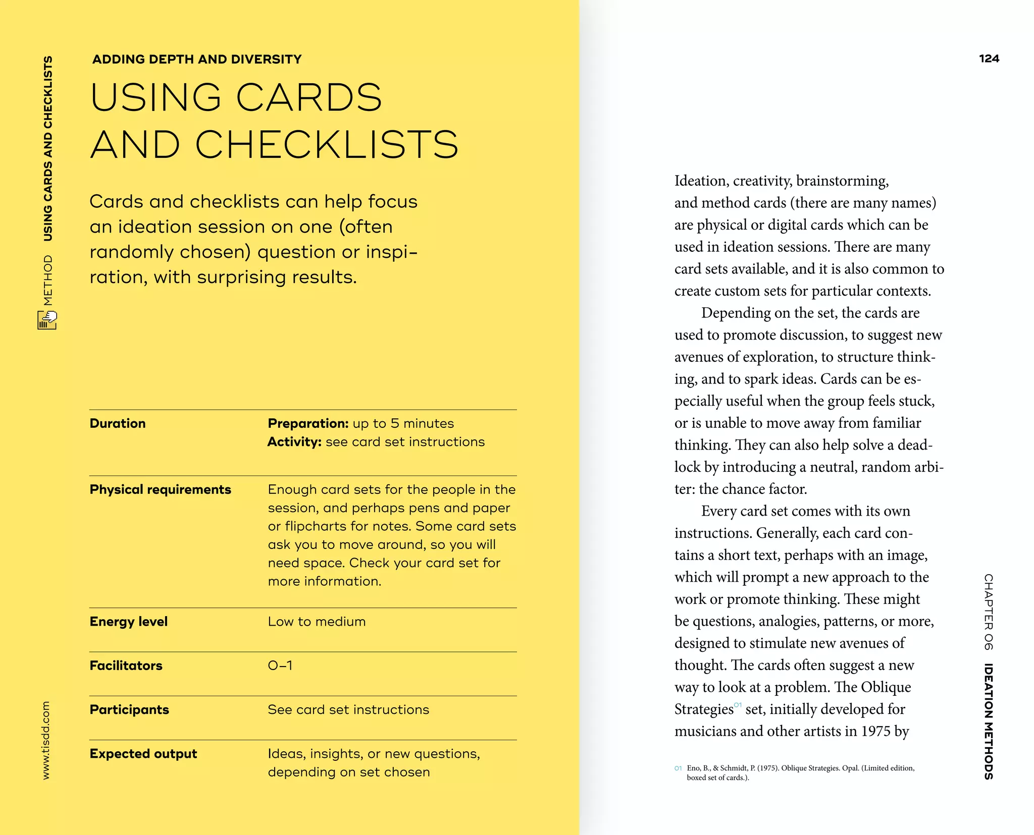 CHAPTER06    IDEATIONMETHODS 
 METHOD    USINGCARDS­ANDCHECKLISTS www.tisdd.com
124
Ideation, creativity, brainstorming,
and ­method cards (there are many names)
are physical or digital cards which can be
used in ideation sessions. There are many
card sets ­available, and it is also common to
­create ­custom sets for particular contexts.
Depending on the set, the cards are
used to ­promote discussion, to suggest new
avenues of exploration, to structure think-
ing, and to spark ideas. Cards can be es-
pecially useful when the group feels stuck,
or is unable to move away from familiar
thinking. They can also help solve a dead-
lock by introducing a neutral, ­random arbi-
ter: the chance factor.
Every card set comes with its own
instructions. Generally, each card con-
tains a short text, ­perhaps with an image,
which will prompt a new approach to the
work or promote ­thinking. These might
be questions, analogies, patterns, or more,
designed to stimulate new avenues of
thought. The cards often ­suggest a new
way to look at a problem. The Oblique
Strategies01
set, initially developed for
­musicians and other artists in 1975 by
01	 Eno, B.,  Schmidt, P. (1975). Oblique Strategies. Opal. (Limited edition,
boxed set of cards.).
Duration			 Preparation: up to 5 minutes
Activity: see card set instructions
Physical requirements	Enough card sets for the people in the
session, and perhaps pens and paper
or flipcharts for notes. Some card sets
ask you to move around, so you will
need space. Check your card set for
more information.
Energy level			 Low to medium
Facilitators		 	0–1
Participants			 See card set instructions
Expected output	Ideas, insights, or new questions,
depending on set chosen
Cards and checklists can help focus
an ideation session on one (often
randomly chosen) question or inspi-
ration, with surprising results.
ADDING DEPTH AND DIVERSITY
USING CARDS
­AND CHECKLISTS
 