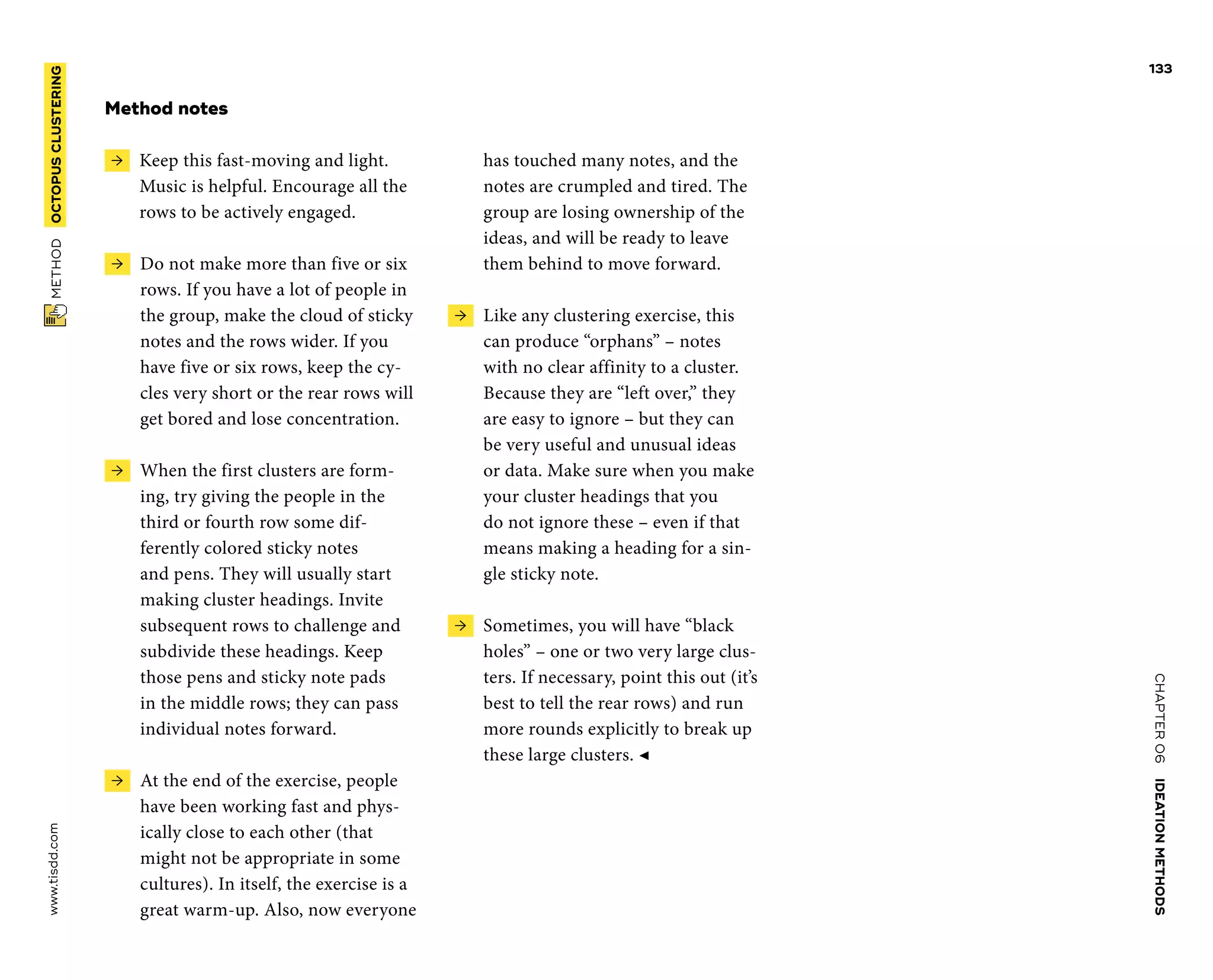 CHAPTER06    IDEATIONMETHODS 
www.tisdd.com
133
 METHOD    OCTOPUS­CLUSTERING 
has touched many notes, and the
notes are crumpled and tired. The
group are losing ­ownership of the
ideas, and will be ready to leave
them behind to move forward.
 →  Like any clustering exercise, this
can ­produce “orphans” – notes
with no clear affinity to a cluster.
Because they are “left over,” they
are easy to ignore – but they can
be very useful and unusual ideas
or data. Make sure when you make
your ­cluster headings that you
do not ignore these – even if that
means making a ­heading for a sin-
gle sticky note.
 →  Sometimes, you will have “black
holes” – one or two very large clus-
ters. If necessary, point this out (it’s
best to tell the rear rows) and run
more rounds explicitly to break up
these large clusters. ◀
Method notes
 →   Keep this fast-moving and light.
Music is helpful. Encourage all the
rows to be ­actively engaged.
 →  Do not make more than five or six
rows. If you have a lot of people in
the group, make the cloud of sticky
notes and the rows wider. If you
have five or six rows, keep the cy-
cles very short or the rear rows will
get bored and lose concentration.
 →  When the first clusters are form-
ing, try giving the people in the
third or fourth row some dif-
ferently colored sticky notes
and pens. They will usually start
­making cluster headings. Invite
subsequent rows to challenge and
subdivide these ­headings. Keep
those pens and sticky note pads
in the middle rows; they can pass
­individual notes forward.
 →  At the end of the exercise, people
have been working fast and phys-
ically close to each other (that
might not be appropriate in some
cultures). In itself, the exercise is a
great warm-up. Also, now everyone
 