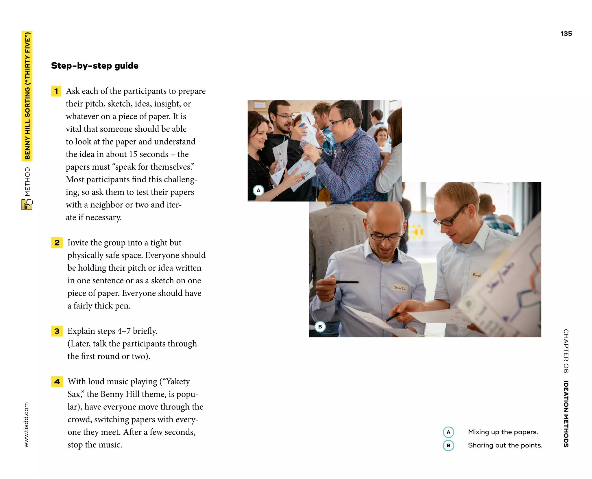 CHAPTER06    IDEATIONMETHODS 
 METHOD    BENNYHILLSORTING(“THIRTYFIVE”) www.tisdd.com
135
Step-by-step guide
 1   Ask each of the participants to ­prepare
their pitch, sketch, idea, insight, or
­whatever on a piece of paper. It is
vital that someone should be able
to look at the paper and ­understand
the idea in about 15 seconds – the
­papers must “speak for themselves.”
Most ­participants find this challeng-
ing, so ask them to test their papers
with a neighbor or two and iter-
ate if necessary.
 2   Invite the group into a tight but
­physically safe space. Everyone should
be holding their pitch or idea written
in one ­sentence or as a sketch on one
piece of paper. Everyone should have
a fairly thick pen.
 3   Explain steps 4–7 briefly.
(Later, talk the participants through
the first round or two).
 4   With loud music playing (“Yakety
Sax,” the Benny Hill theme, is popu-
lar), have everyone move through the
crowd, switching papers with every-
one they meet. After a few seconds,
stop the music. ▶  
A 	Mixing up the papers.
B 	Sharing out the points.
B
A
 