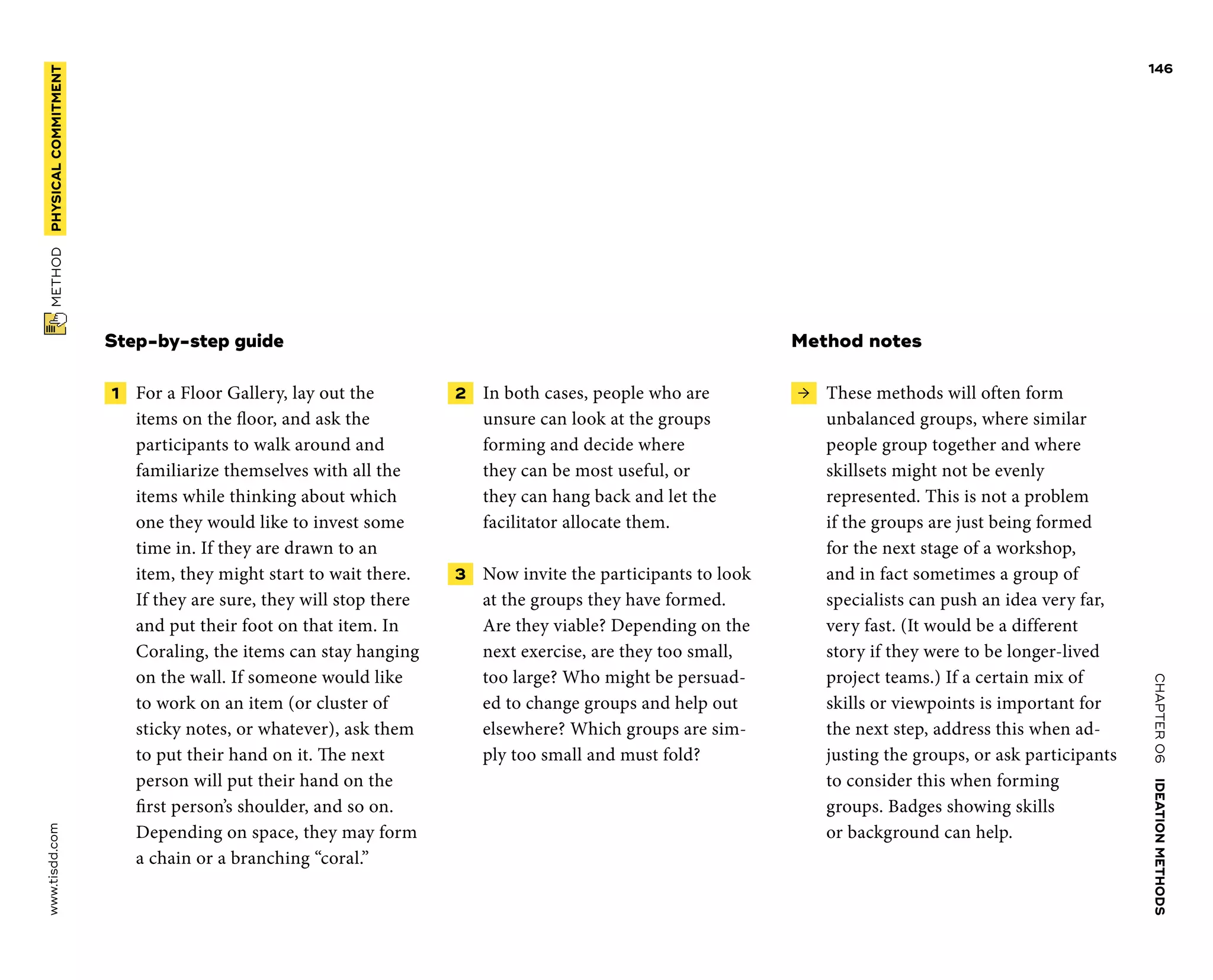 CHAPTER06    IDEATIONMETHODS 
www.tisdd.com
146
 METHOD    PHYSICAL­COMMITMENT 
Step-by-step guide
 1    For a Floor Gallery, lay out the
items on the floor, and ask the
participants to walk around and
familiarize themselves with all the
items while thinking about which
one they would like to ­invest some
time in. If they are drawn to an
item, they might start to wait there.
If they are sure, they will stop there
and put their foot on that item. In
Coraling, the items can stay ­hanging
on the wall. If someone would like
to work on an item (or cluster of
sticky notes, or ­whatever), ask them
to put their hand on it. The next
person will put their hand on the
first person’s shoulder, and so on.
Depending on space, they may form
a chain or a branching “coral.”
 2   In both cases, people who are
­unsure can look at the groups
­forming and ­decide where
they can be most ­useful, or
they can hang back and let the
­facilitator allocate them.
 3   Now invite the participants to look
at the groups they have formed.
Are they viable? Depending on the
next exercise, are they too small,
too large? Who might be persuad-
ed to change groups and help out
elsewhere? Which groups are sim-
ply too small and must fold?
Method notes
 →  These methods will often form
­unbalanced groups, where ­similar
­people group ­together and where
­skillsets might not be evenly
­represented. This is not a problem
if the groups are just being formed
for the next stage of a ­workshop,
and in fact ­sometimes a group of
­specialists can push an idea very far,
very fast. (It would be a ­different
­story if they were to be ­longer-lived
­project teams.) If a certain mix of
skills or ­viewpoints is important for
the next step, ­address this when ad-
justing the groups, or ask ­participants
to ­consider this when ­forming
groups. Badges ­showing skills
or ­background can help.
 