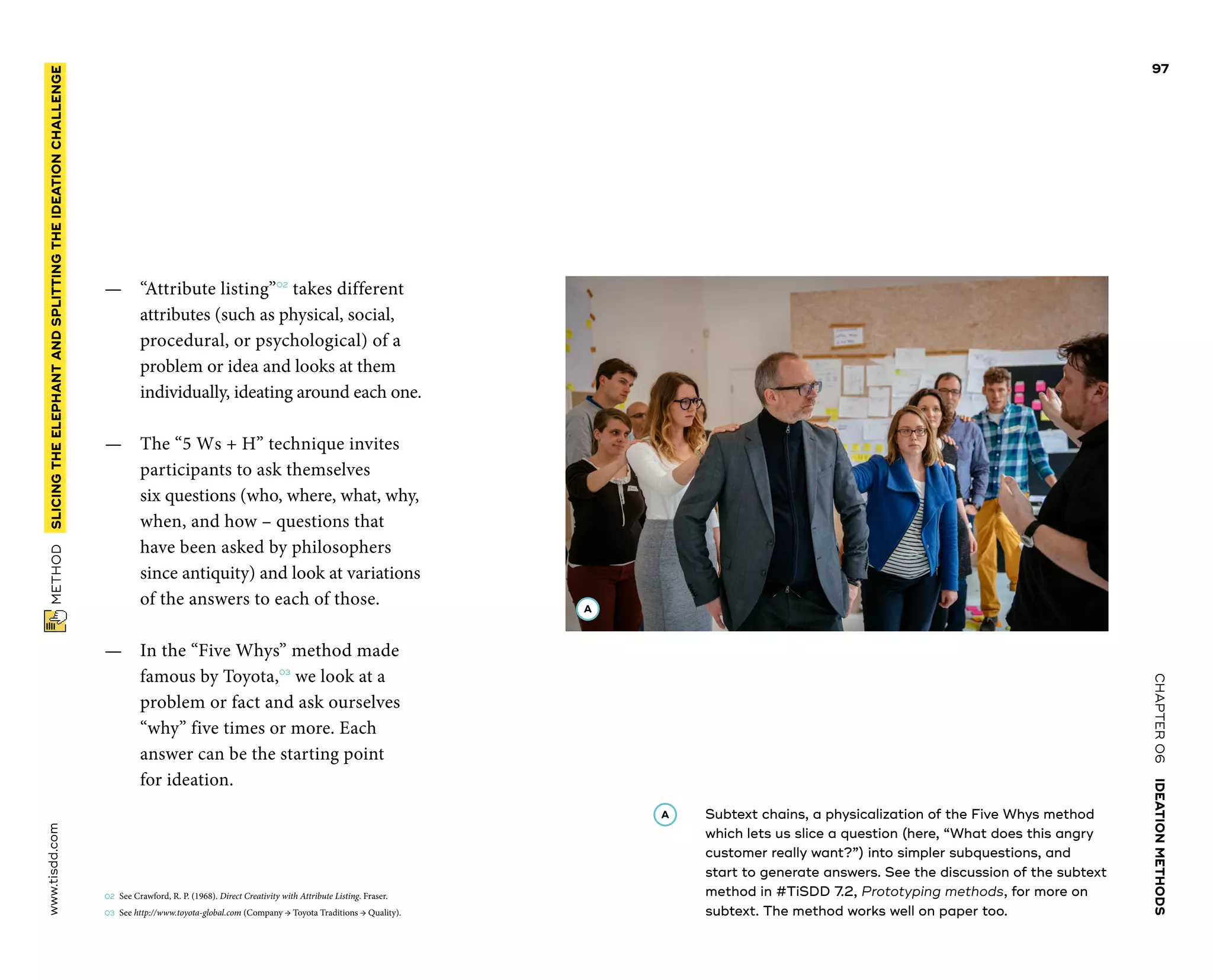 CHAPTER06    IDEATIONMETHODS 
 METHOD    SLICINGTHE­ELEPHANTANDSPLITTINGTHE­IDEATIONCHALLENGE www.tisdd.com
97
—— “Attribute listing”02
takes ­different
­attributes (such as physical, ­social,
­procedural, or ­psychological) of a
­problem or idea and looks at them
­individually, ­ideating around each one.
—— The “5 Ws + H” technique ­invites
­participants to ask themselves
six ­questions (who, where, what, why,
when, and how – questions that
have been asked by ­philosophers
since ­antiquity) and look at ­variations
of the ­answers to each of those.
—— In the “Five Whys” method made
­famous by Toyota,03
we look at a
­problem or fact and ask ourselves
“why” five times or more. Each 
answer can be the ­starting point
for ideation. ▶  
02	 See Crawford, R. P. (1968). Direct Creativity with Attribute Listing. Fraser.
03	See http://www.toyota-global.com (Company → Toyota Traditions → Quality).
A 	Subtext chains, a physicalization of the Five Whys method
which lets us slice a question (here, “What does this angry
customer really want?”) into simpler ­subquestions, and
start to generate answers. See the ­discussion of the ­subtext
method in #TiSDD 7.2, Prototyping methods, for more on
­subtext. The method works well on paper too.
A
 