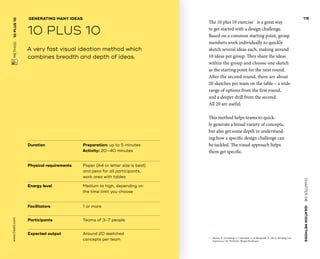 CHAPTER06    IDEATIONMETHODS 
 METHOD    10PLUS10 www.tisdd.com
118
The 10 plus 10 exercise01
is a great way
to get started with a design challenge.
Based on a common starting point, group
­members work individually to quickly
sketch ­several ideas each, making around
10 ideas per group. They share the ideas
within the group and choose one sketch
as the starting point for the next round.
After the second round, there are about
20 sketches per team on the table – a wide
range of options from the first round,
and a deeper drill from the second.
All 20 are useful.
This method helps teams to quick-
ly ­generate a broad variety of concepts,
but also get some depth in understand-
ing how a specific design challenge can
be tackled. The visual approach helps
them get specific.
01	 Buxton, B., Greenberg, S., Carpendale, S.,  Marquardt, N. (2012). Sketching User
­Experiences: The Workbook. Morgan Kaufmann.
Duration			 Preparation: up to 5 minutes
Activity: 20–40 minutes
Physical requirements	Paper (A4 or letter size is best)
and pens for all participants,
work area with tables
Energy level			Medium to high, depending on
the time limit you choose
Facilitators			 1 or more
Participants		 	 Teams of 3–7 people
Expected output	Around 20 sketched
concepts per team
A very fast visual ideation method which
combines breadth and depth of ideas.
GENERATING MANY IDEAS
10 PLUS 10
 