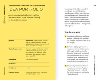 CHAPTER06    IDEATIONMETHODS 
www.tisdd.com
137
 METHOD    IDEAPORTFOLIO 
Duration			 Preparation: a few minutes to mark
axes on the wall space, if you like
Activity: depending on the number of
ideas, from 10–40 minutes
Physical requirements	You need a group of ideas or pitches
written on individual ­pieces of pa-
per – perhaps as sketches. Some
wall space, floor space, or a pin-
board is useful.
Energy level			 Low and thoughtful
Facilitators			 1
Participants		 	 1 or more
Expected output	A visual arrangement of the ideas,
ranked along two axes
A more analytical selection method
for a quick but quite reliable sorting
of ideas or concepts.
UNDERSTANDING, CLUSTERING, AND RANKING OPTIONS
IDEA PORTFOLIO In an idea portfolio, ideas are ranked
­according to two variables and ar-
ranged on a ­portfolio or graph. Because
two variables are used, the ­method can
balance different needs and appeals to
analytical mindsets. It is a great way to
prepare the groundwork for an informed
decision, and even allows a strategic view
of the options.
Step-by-step guide
 1   Consider if and how you will bring
­previous knowledge into the room
(for ­example, as a research wall or as
key insights).
 2   Invite the right people to work be-
side your core team for the exercise
(this might include people who
know the background, people with
no preconceptions, experts, repre-
sentatives of the implementation
team, people who will deliver the
service, users, management, etc.).
 3   Decide on your criteria. “Impact
on customer experience” against
“feasibility” seems to work well,
but other criteria work too (see the
“Method notes”). ▶  
 