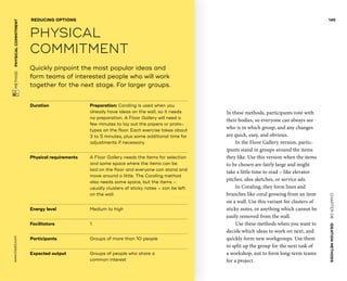 CHAPTER06    IDEATIONMETHODS 
www.tisdd.com
145
 METHOD    PHYSICAL­COMMITMENT 
Duration			 Preparation: Coraling is used when you
­already have ideas on the wall, so it needs
no preparation. A Floor Gallery will need a
few minutes to lay out the papers or proto-
types on the floor. Each exercise takes about
3 to 5 minutes, plus some additional time for
adjustments if necessary.
Physical requirements	A Floor Gallery needs the items for selection
and some space where the items can be
laid on the floor and everyone can stand and
move around a little. The Coraling method
also needs some space, but the items –
usually clusters of sticky notes – can be left
on the wall.
Energy level			 Medium to high
Facilitators			 1
Participants			 Groups of more than 10 people
Expected output	Groups of people who share a
common interest
Quickly pinpoint the most popular ideas and
form teams of interested people who will work
together for the next stage. For larger groups.
REDUCING OPTIONS
PHYSICAL
­COMMITMENT
In these methods, participants vote with
their bodies, so everyone can always see
who is in which group, and any changes
are quick, easy, and obvious.
In the Floor Gallery version, partic-
ipants stand in groups around the items
they like. Use this version when the items
to be chosen are fairly large and might
take a little time to read – like elevator
pitches, idea sketches, or service ads.
In Coraling, they form lines and
branches like coral growing from an item
on a wall. Use this variant for clusters of
sticky notes, or anything which cannot be
easily removed from the wall.
Use these methods when you want to
decide which ideas to work on next, and
quickly form new workgroups. Use them
to split up the group for the next task of
a workshop, not to form long-term teams
for a project. ▶  
 